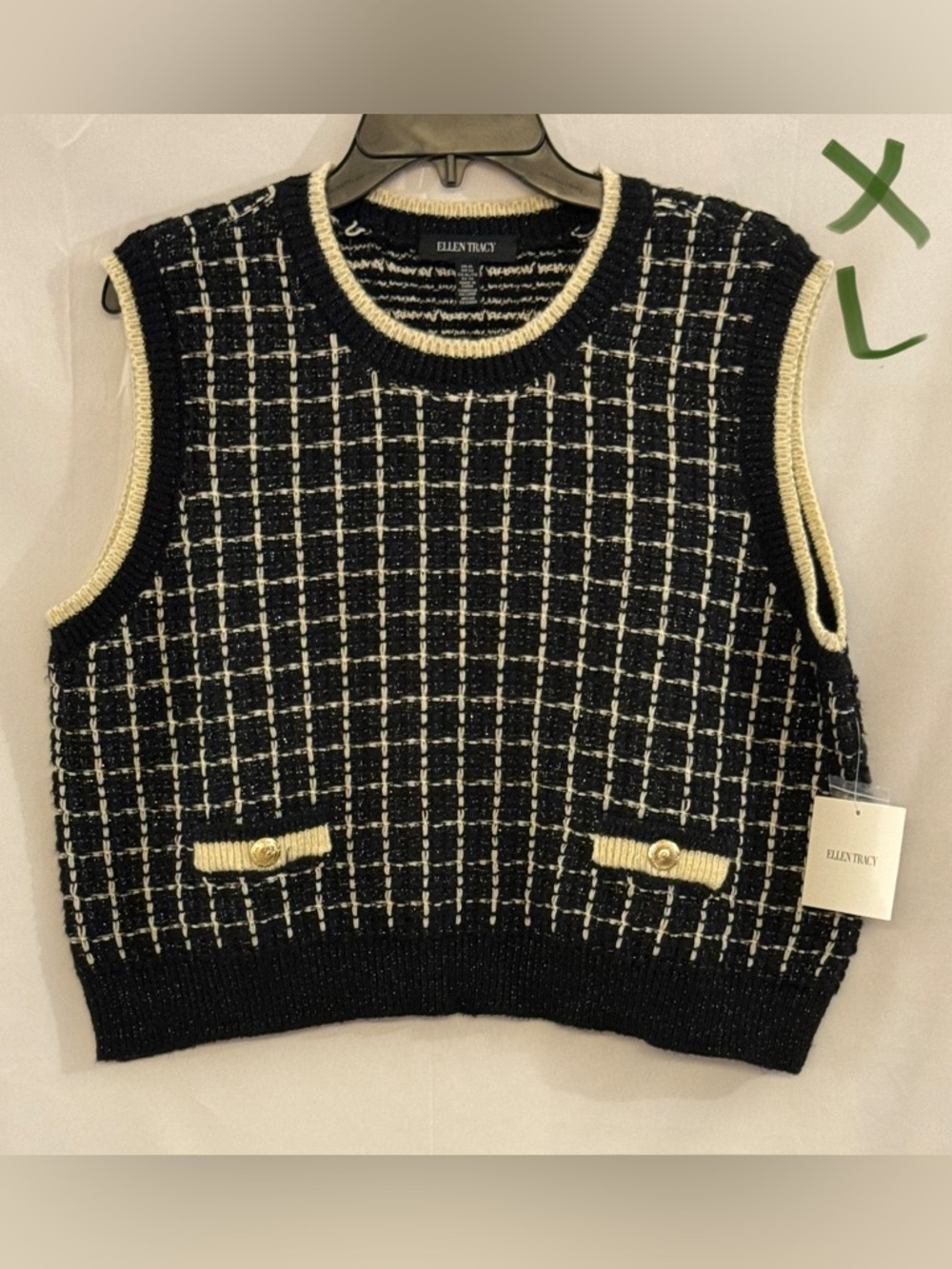 Ellen Tracy Black and Cream Grid Knit V-Neck Sweater Vest